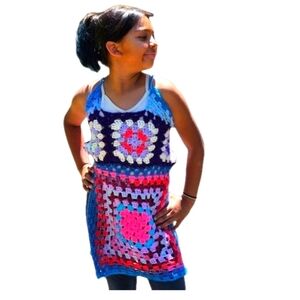 Hand Crafted crochet halter top split dress open back swim coverup multicolored
